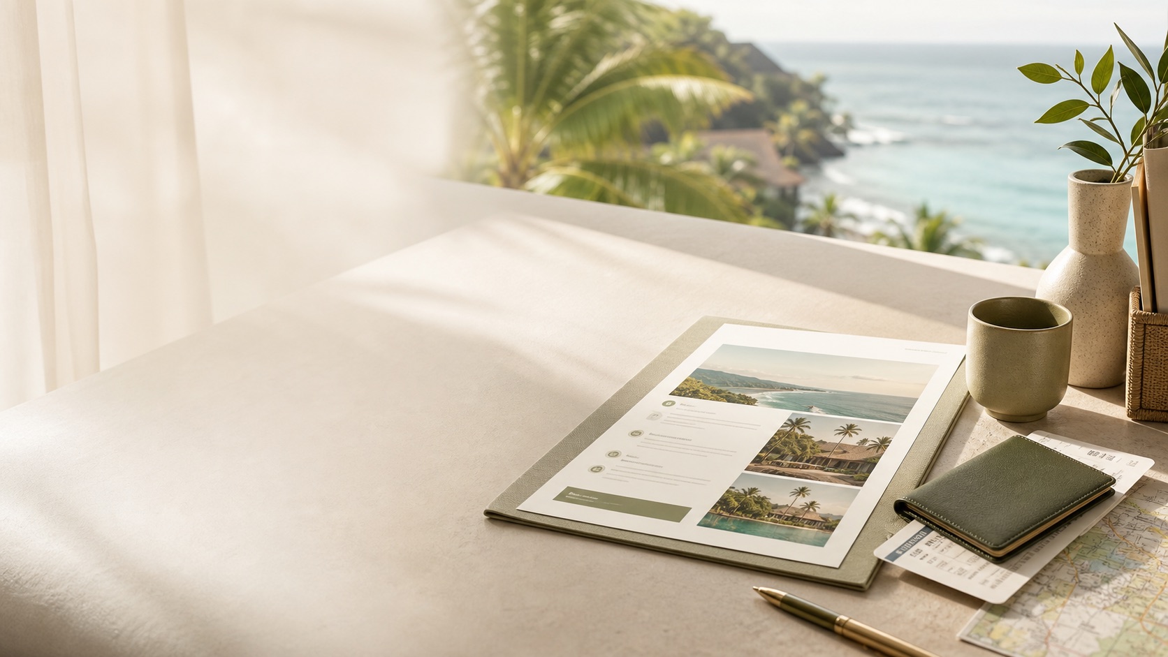 Travel agency software showing an AI-drafted trip itinerary and live client portal